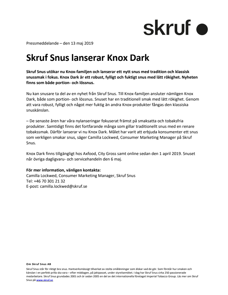 Skruf Snus lanserar Knox Dark