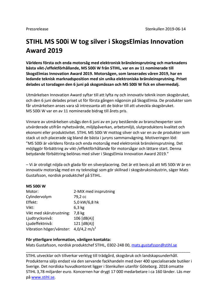 STIHL MS 500i W tog silver i SkogsElmias Innovation Award 2019