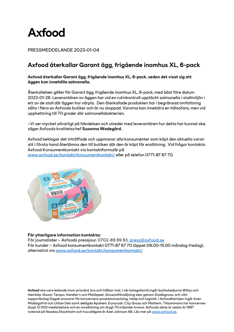 Axfood återkallar Garant ägg, frigående inomhus XL, 6-pack.pdf