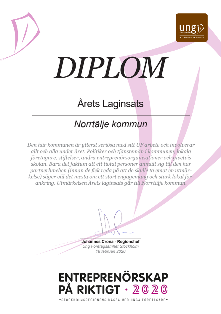 Diplom Årets laginsats UF Norrtälje kommun