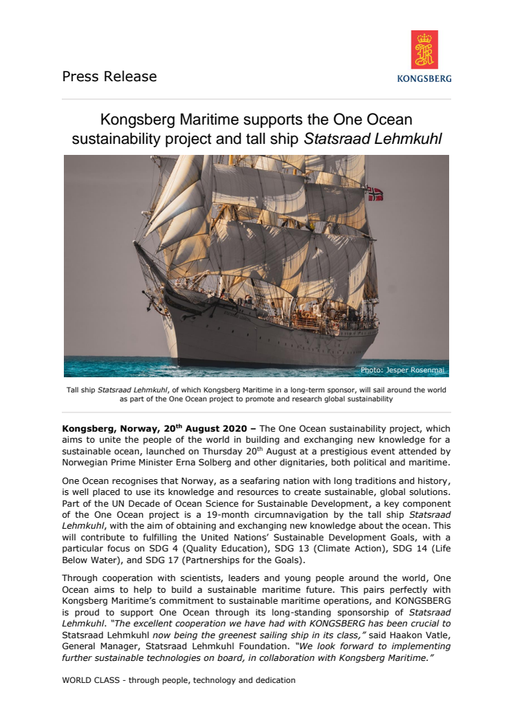 Kongsberg Maritime supports the One Ocean sustainability project and tall ship Statsraad Lehmkuhl