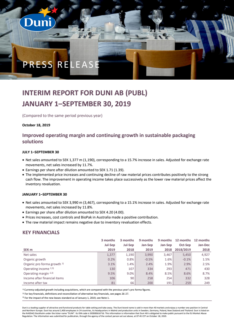 Interim Report Duni AB (publ) January 1 - 30 September 30, 2019