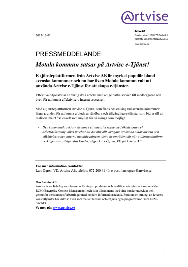 Motala kommun satsar på Artvise e-Tjänst!