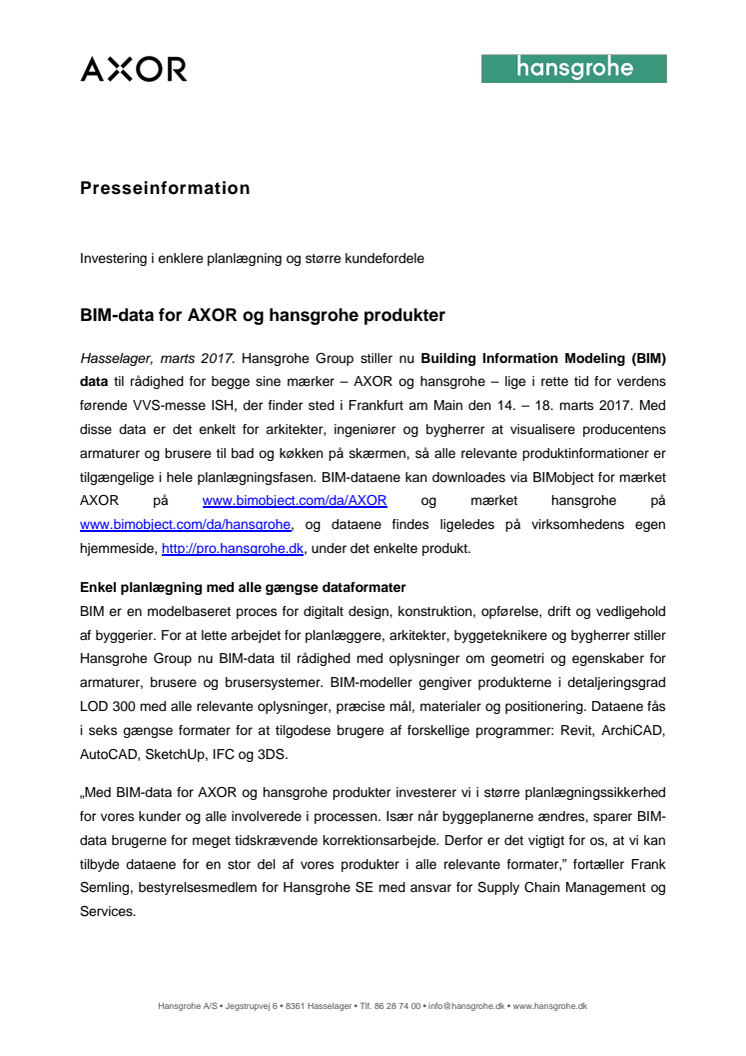 BIM-data for AXOR og hansgrohe produkter