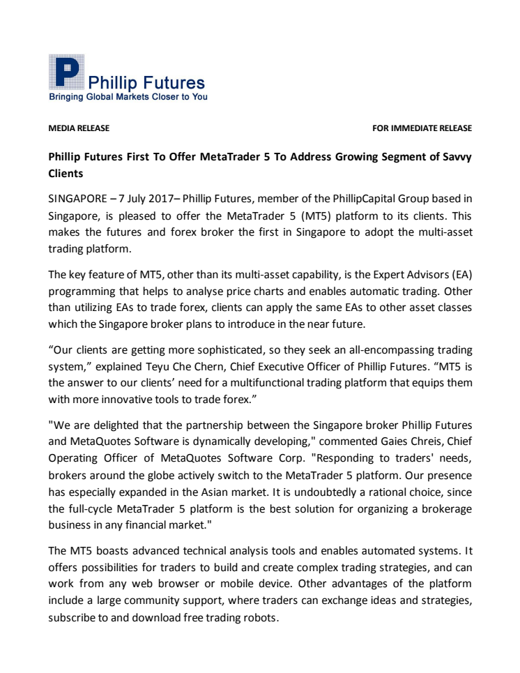 Phillip Futures First To Offer MetaTrader 5 To Address Growing Segment of Savvy Clients