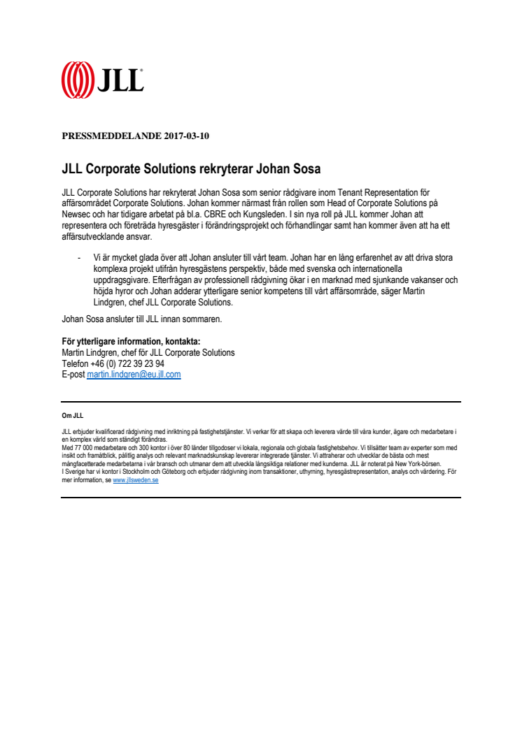 JLL Corporate Solutions rekryterar Johan Sosa