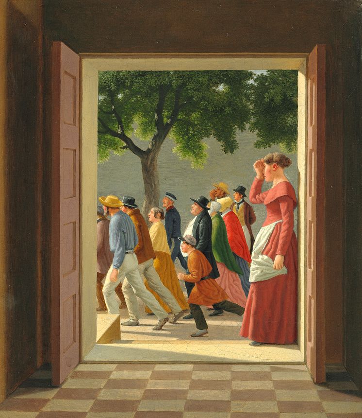 C.W. Eckersberg: "Udsigt gennem en Dør til løbende Figurer". 1845. Usigneret. Olie på lærred. 31 x 27. Hammerslag: 2,1 mio. kr. Købt af Statens Museum for Kunst i København.