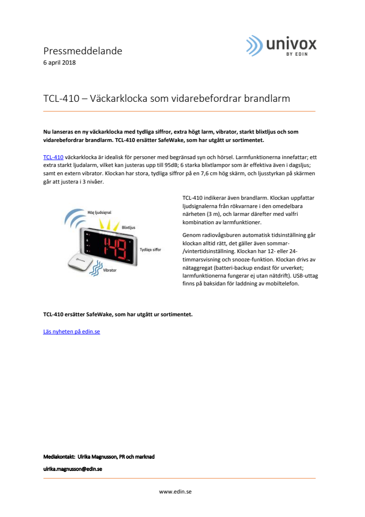 TCL-410 – Väckarklocka som vidarebefordrar brandlarm