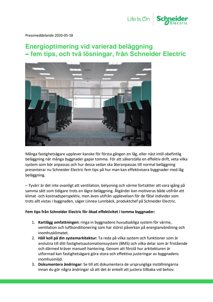 Energioptimering vid varierad beläggning – fem tips, och två lösningar, från Schneider Electric