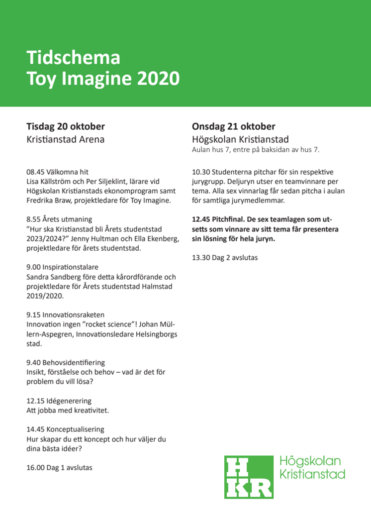 Tidsschema ToY Imagine 20-21 oktober 2020