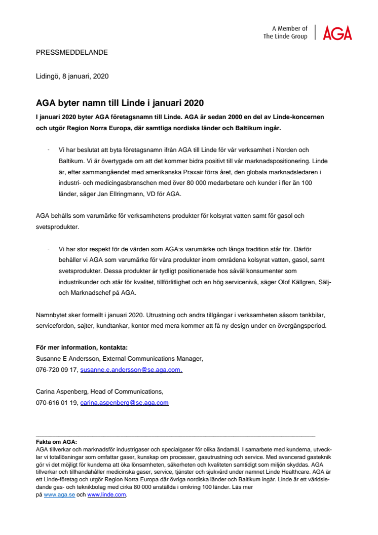 AGA byter namn till Linde i januari 2020