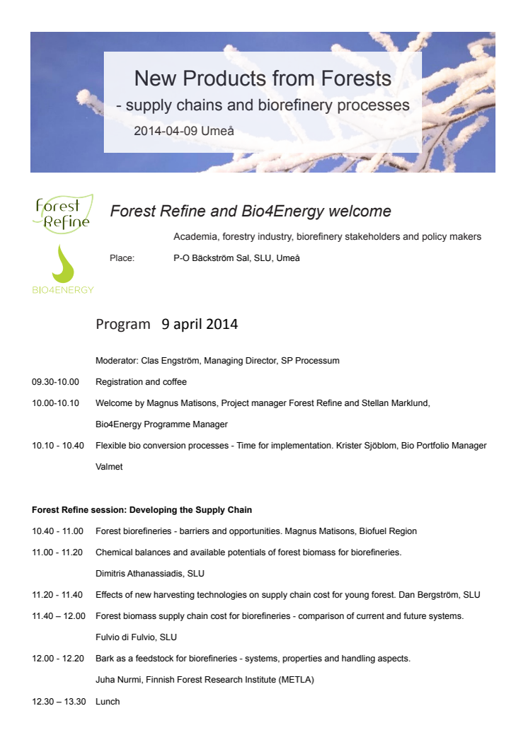 Nya produkter från skogen - Seminarium 9 april med Forest Refine och Bio4Energy