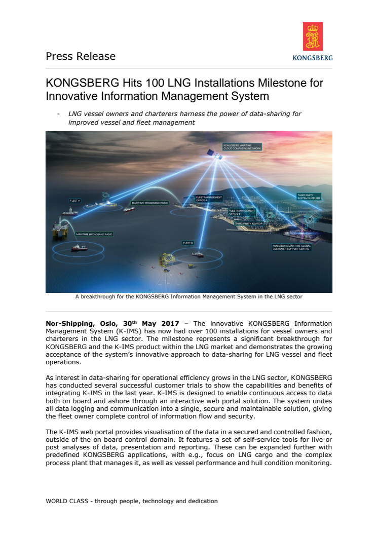 Kongsberg Maritime (Nor-Shipping): KONGSBERG Hits 100 LNG Installations Milestone for Innovative Information Management System 