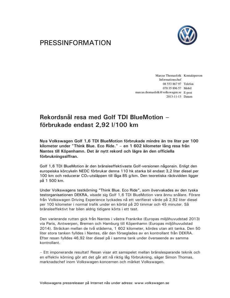Rekordsnål resa med Golf TDI BlueMotion – förbrukade endast 2,92 l/100 km