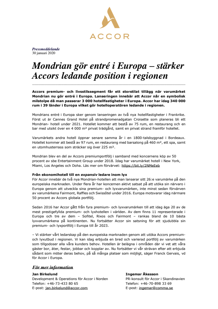Mondrian gör entré i Europa – stärker Accors ledande position i regionen
