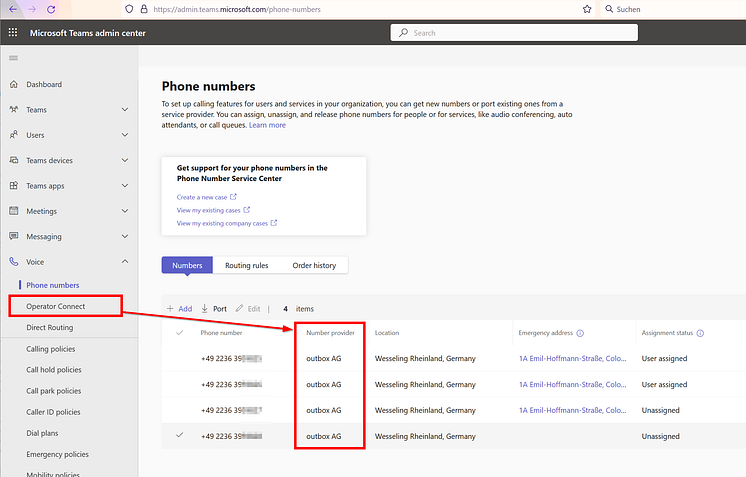 outbox AG  Microsoft Teams admin center – Operator Connect