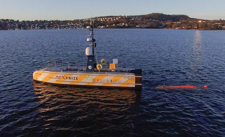 Image - Kongsberg Maritime - Drone footage capturing launch of the HUGIN AUV from the USV SEA-KIT 