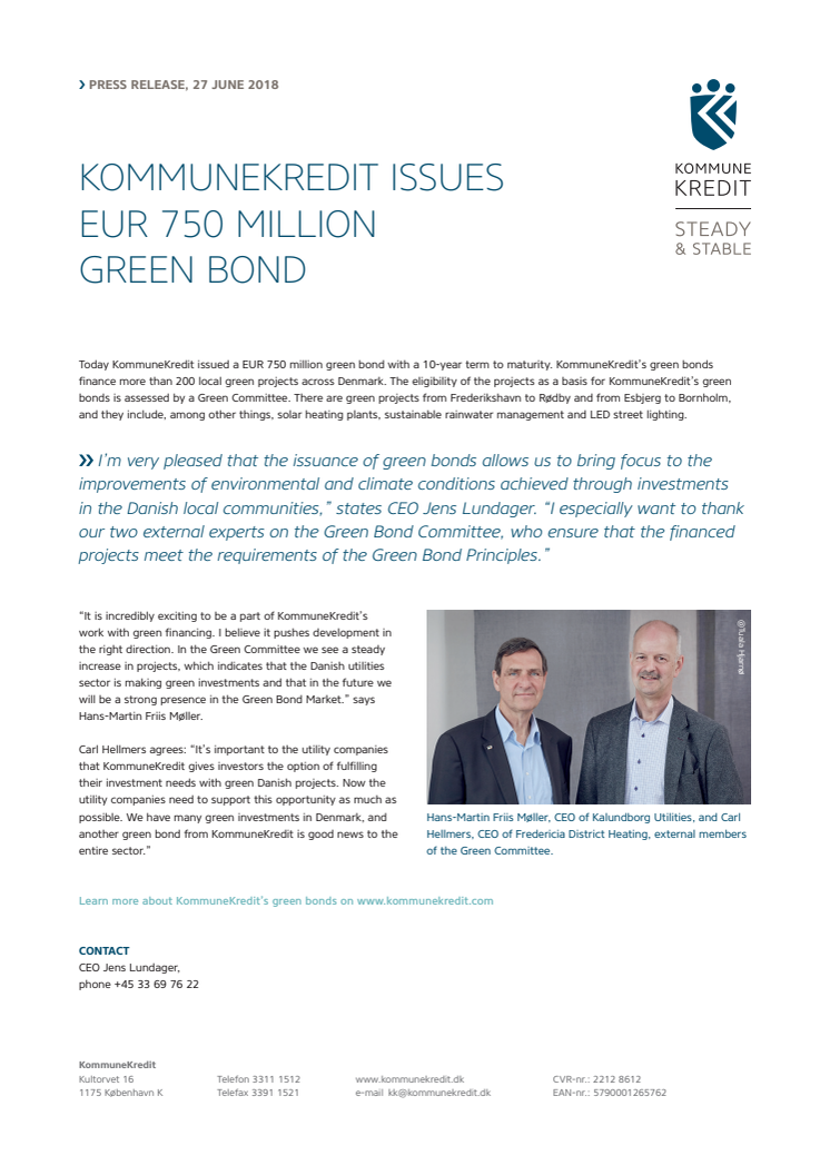 KommuneKredit issues EUR 750 million green bond