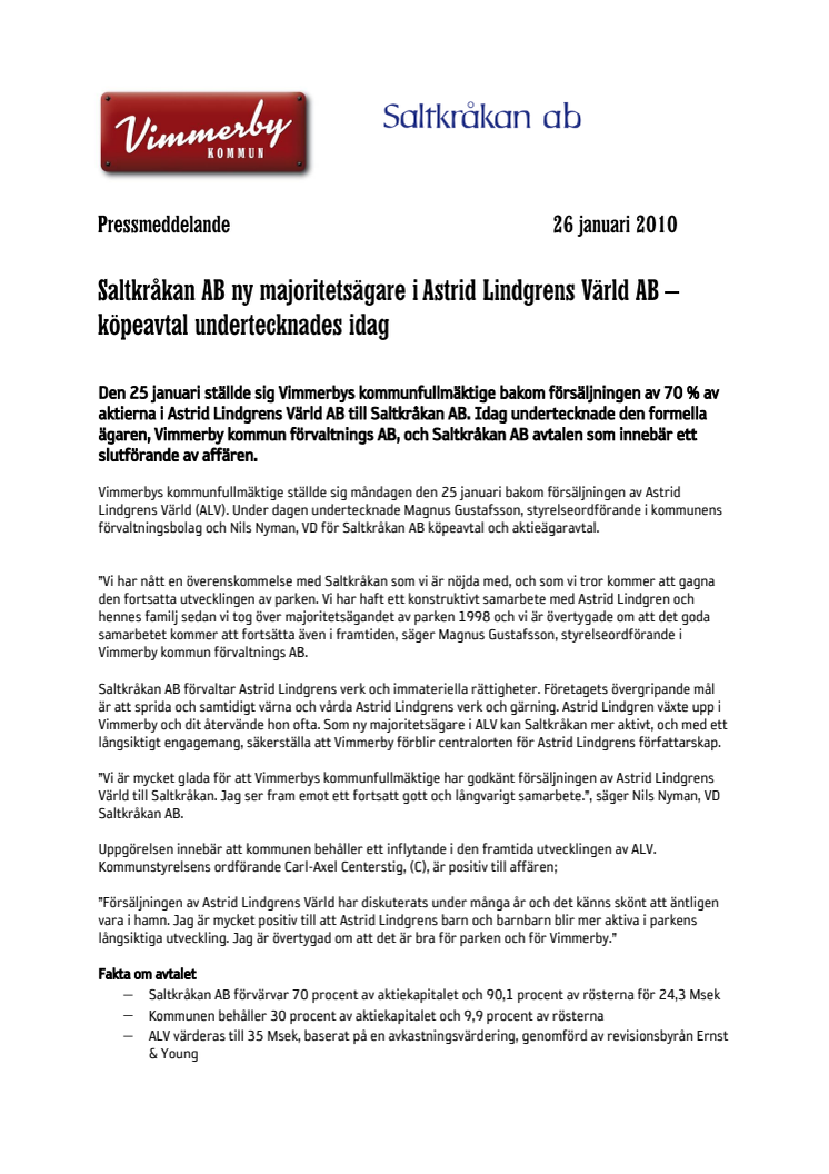 Saltkråkan AB ny majoritetsägare i Astrid Lindgrens Värld AB  –  köpeavtal undertecknades idag