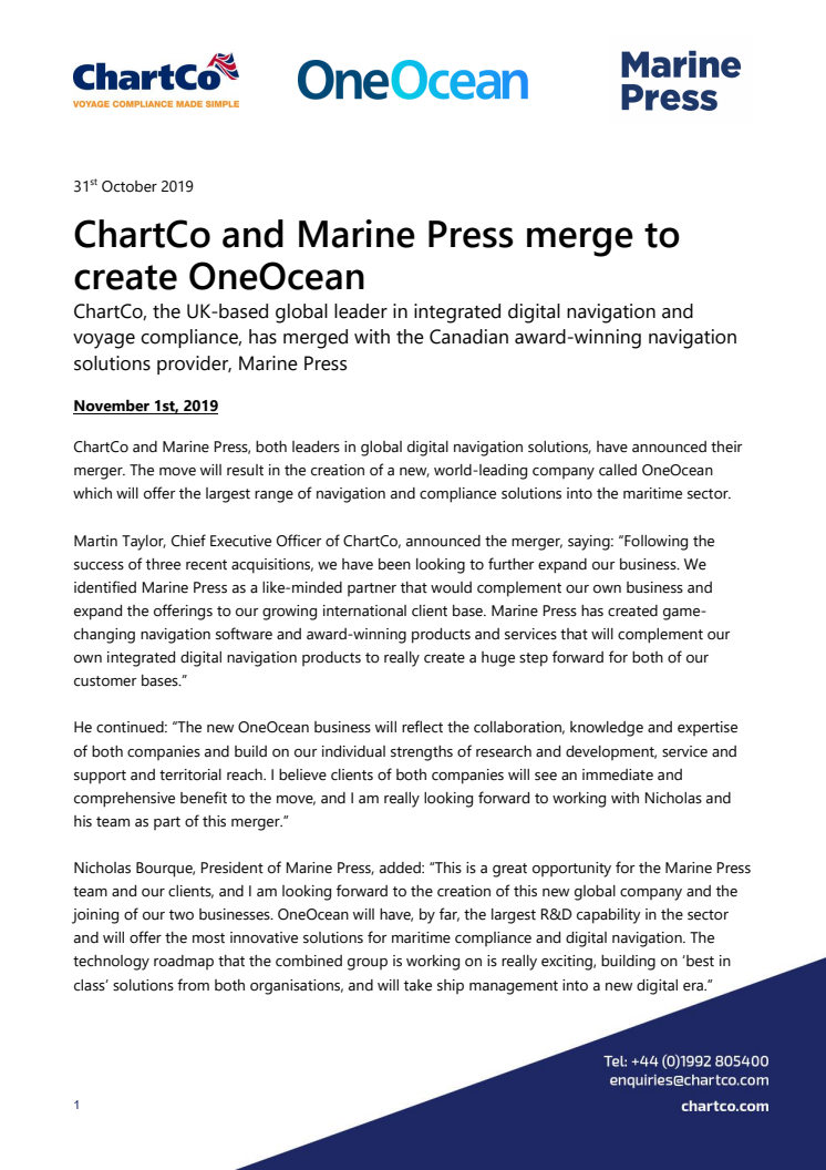 ChartCo and Marine Press merge to create OneOcean
