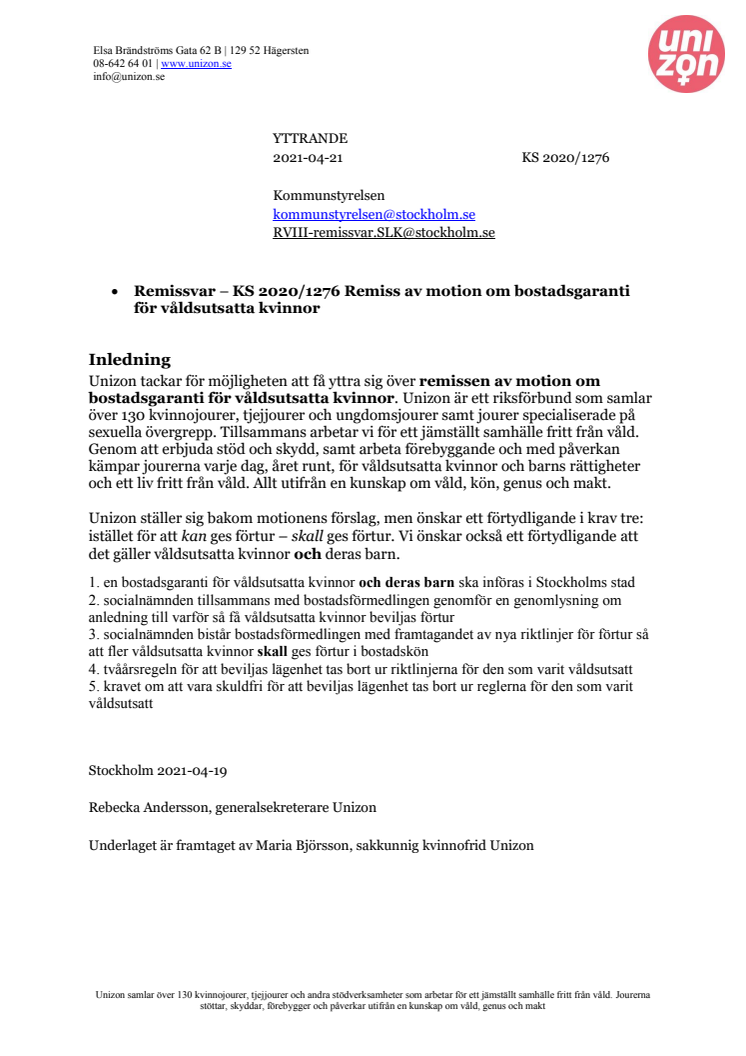 Remissvar från Unizon