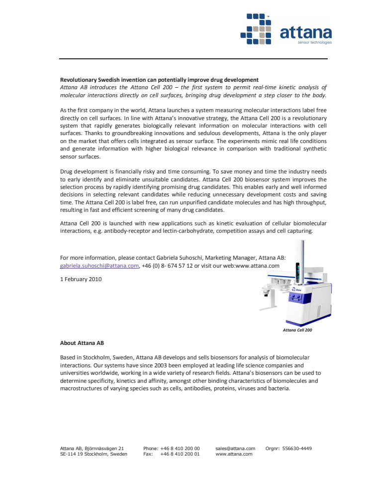 Biosensor- Attana Cell 200, label free, real time kinetics on cells