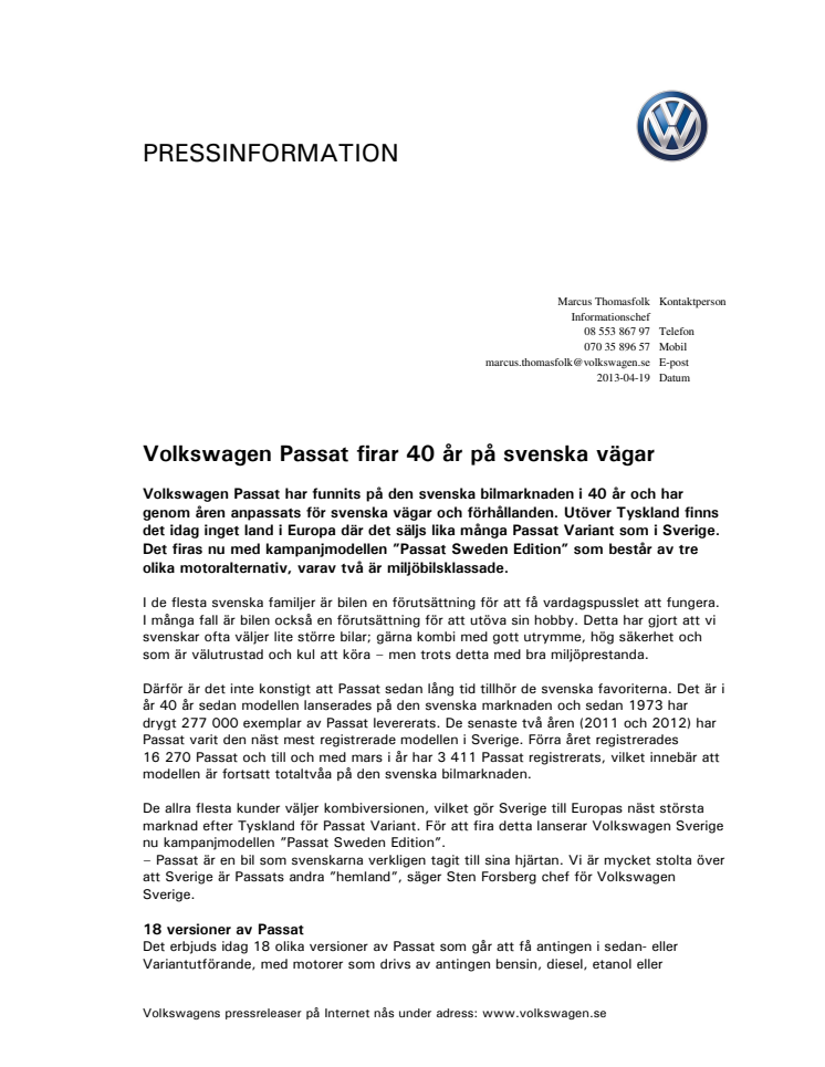 Volkswagen Passat firar 40 år på svenska vägar