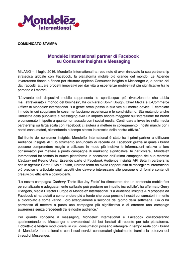 Mondelēz International partner di Facebook su Consumer Insights e Messaging