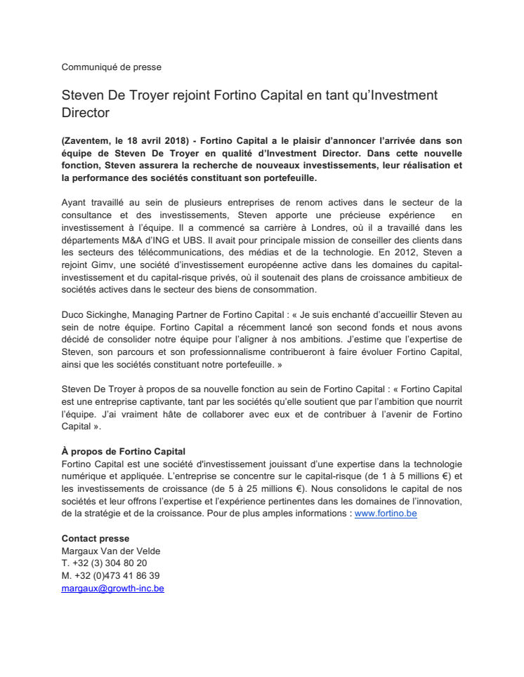 Steven De Troyer rejoint Fortino Capital en tant qu’Investment Director
