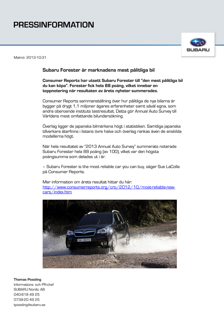 Subaru Forester är marknadens mest pålitliga bil