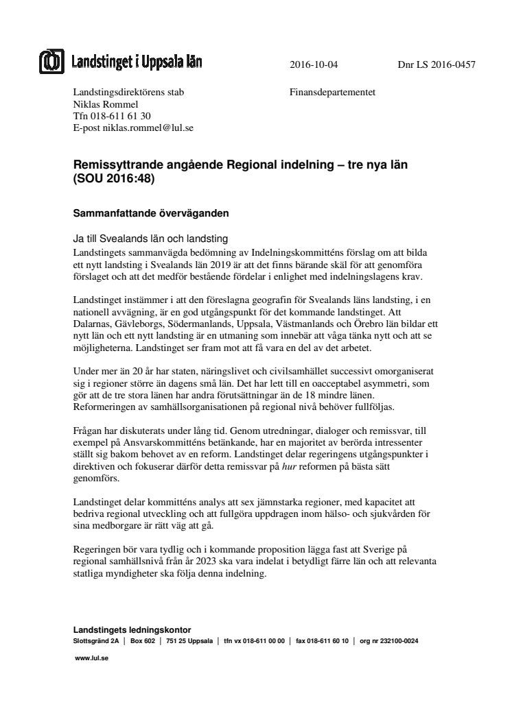 Remissyttrande från Landstinget i Uppsala län angående Regional indelning – tre nya län 