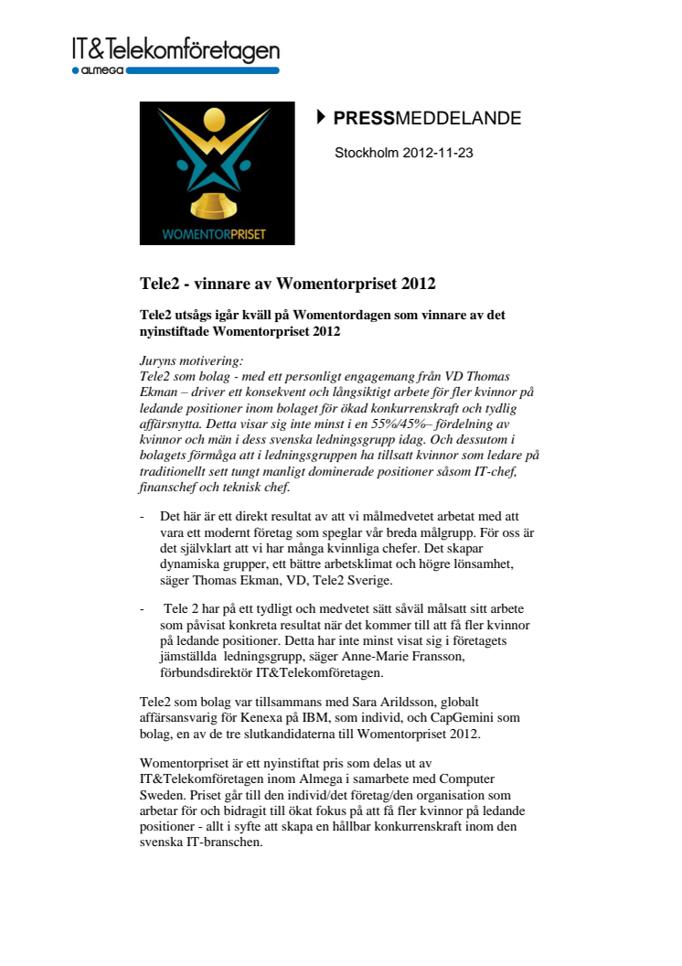 Tele2 - vinnare av Womentorpriset 2012