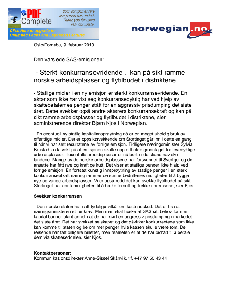 Den varslede SAS-emisjonen: - Sterkt konkurransevridende – kan på sikt ramme norske arbeidsplasser og flytilbudet i distriktene