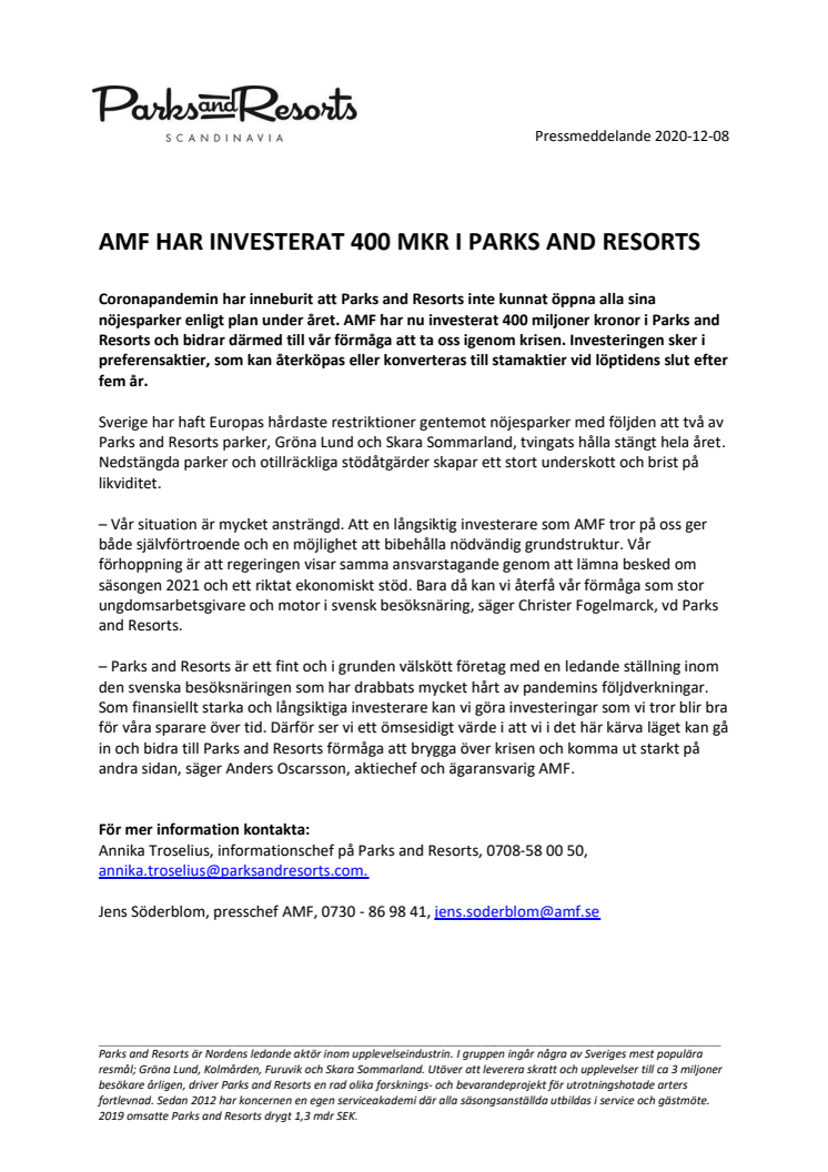 AMF investerar 400 mkr i Parks and Resorts