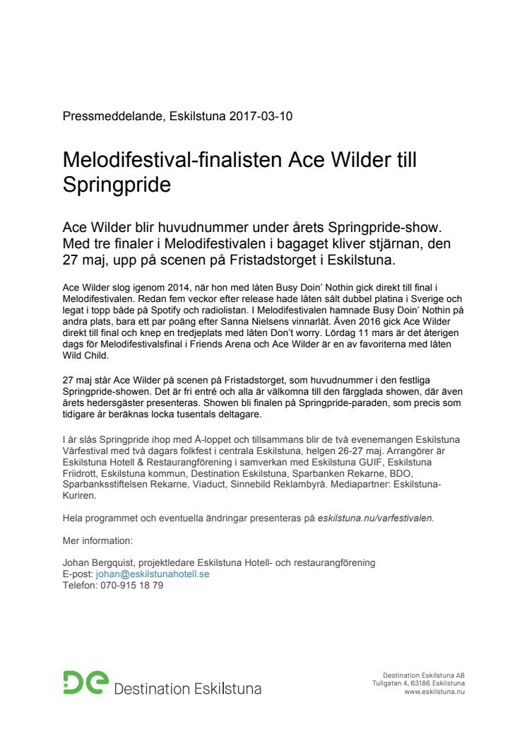Melodifestival-finalisten Ace Wilder till Springpride