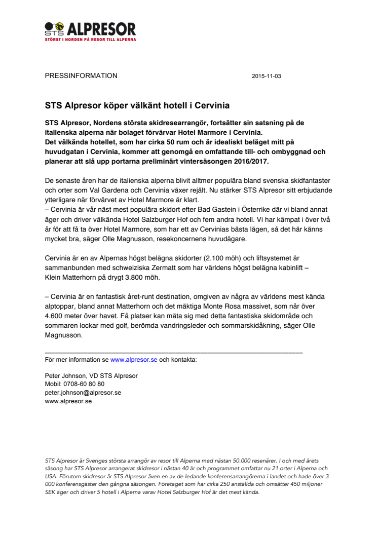 STS Alpresor köper välkänt hotell i Cervinia