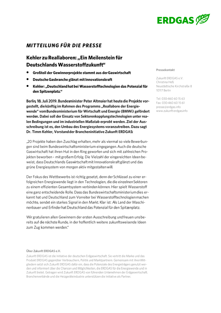 Kehler zu Reallaboren: „Ein Meilenstein für  Deutschlands Wasserstoffzukunft“