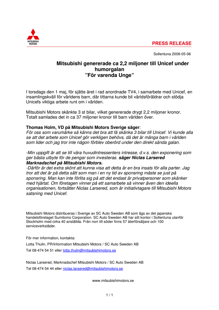Mitsubishi genererade ca 2,2 miljoner till Unicef