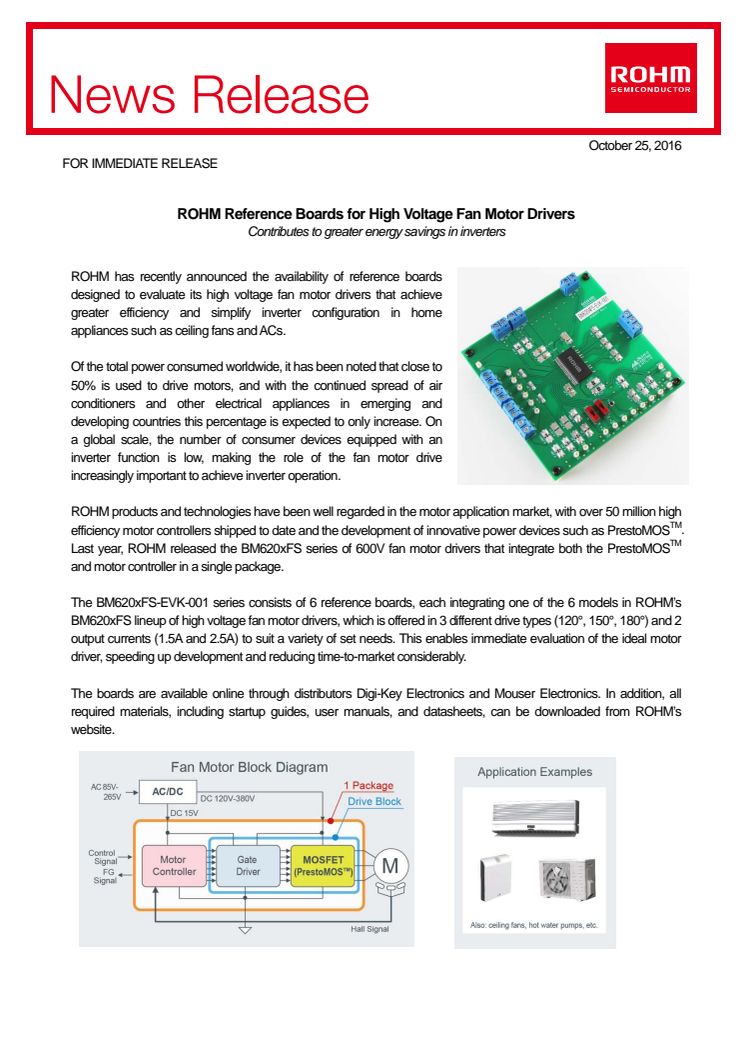 ROHM Reference Boards for High Voltage Fan Motor Drivers ---Contributes to greater energy savings in inverters