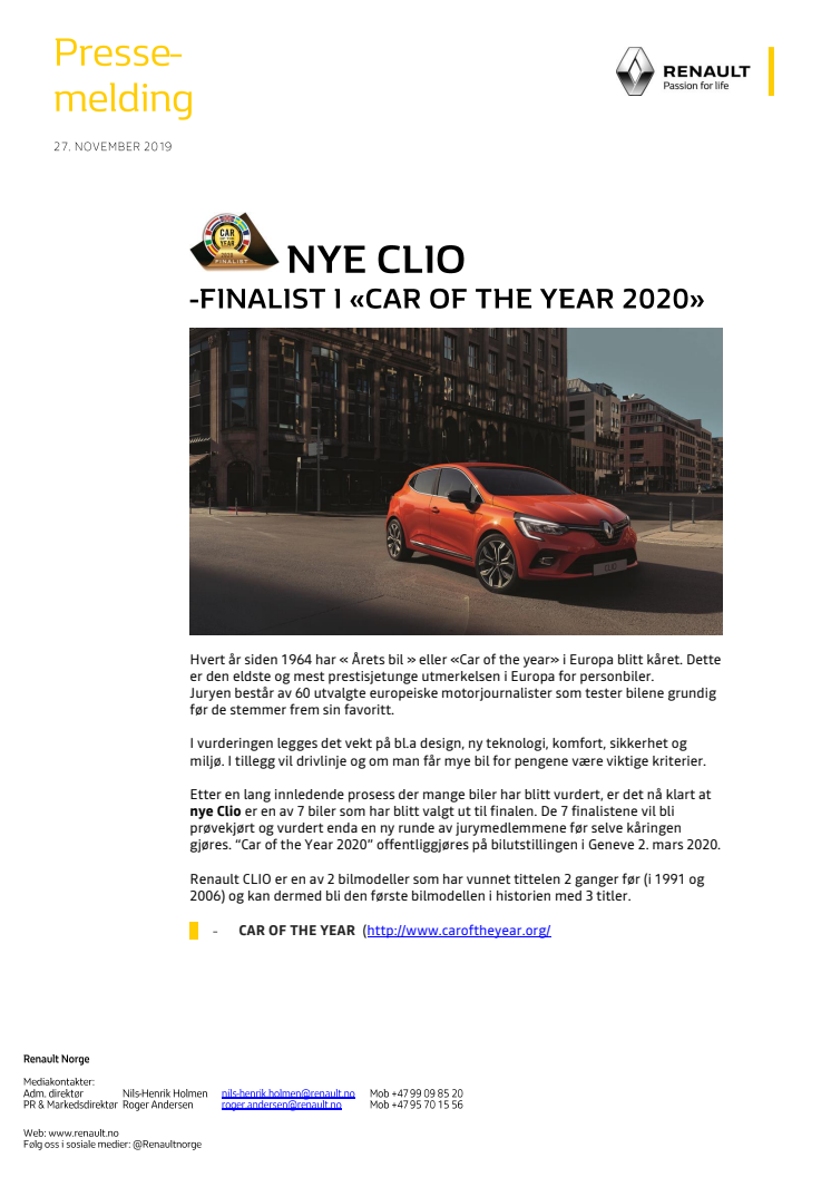 NYE CLIO - FINALIST I CAR OF THE YEAR 2020