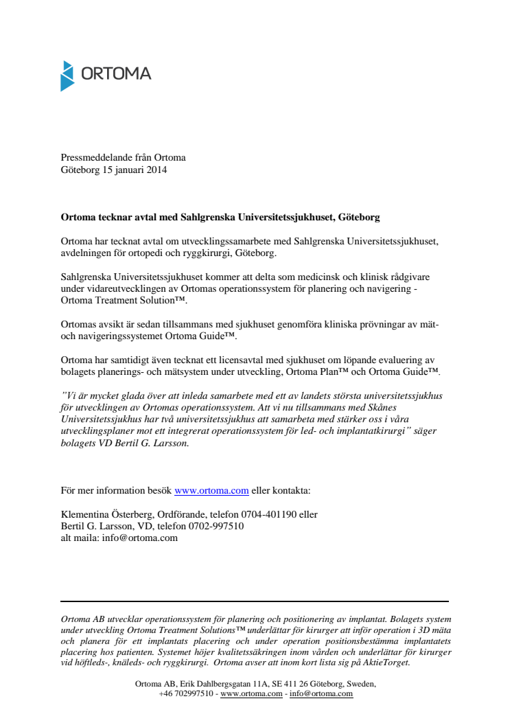 Ortoma tecknar avtal med Sahlgrenska Universitetssjukhuset, Göteborg