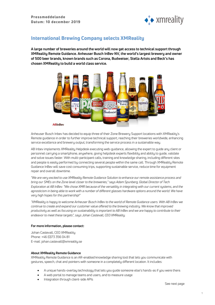 International Brewing Company selects XMReality 