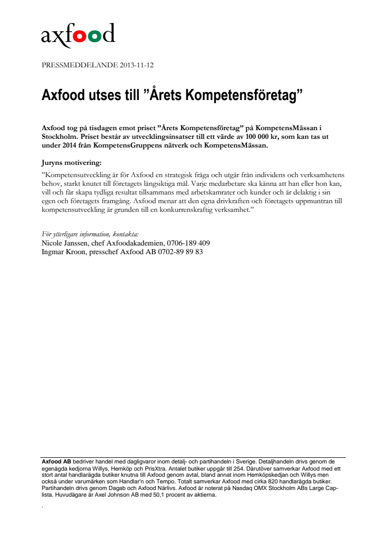 Axfood utses till ”Årets Kompetensföretag”