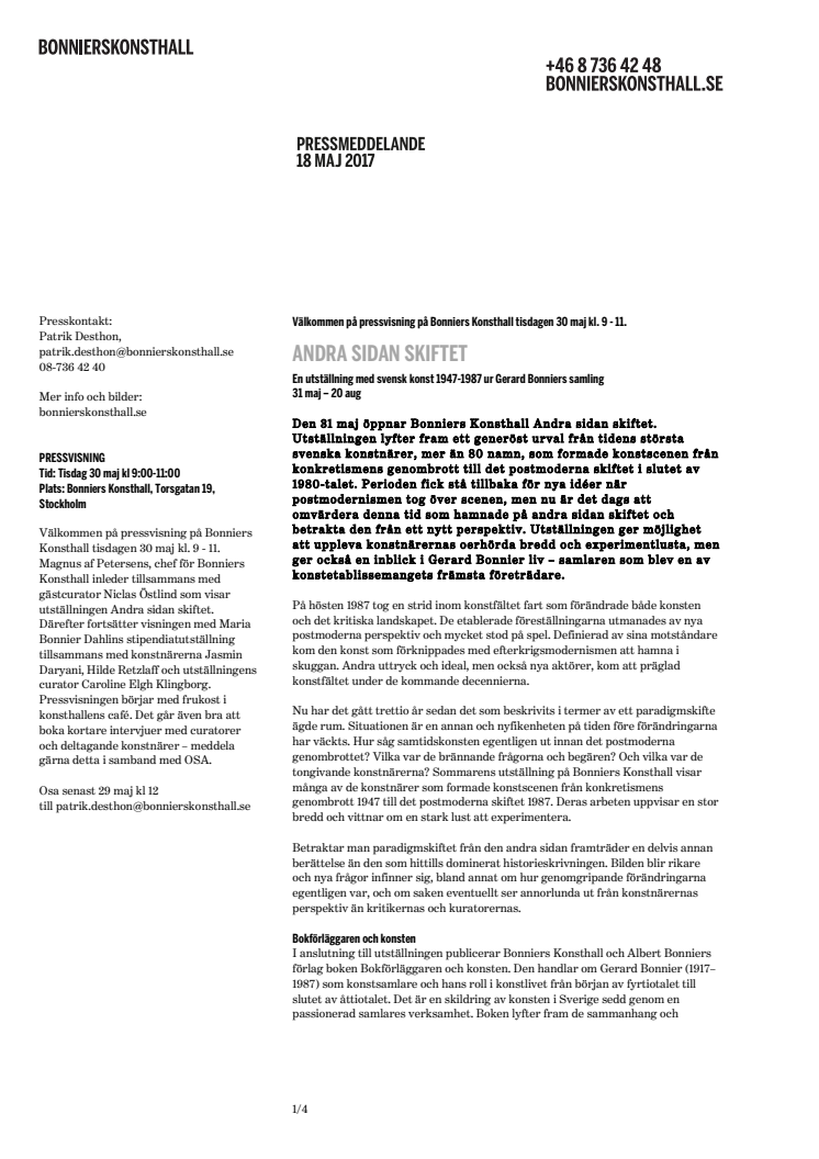 Välkommen på pressvisning av sommarens utställningar på Bonniers Konsthall tisdag 30 maj kl. 9-11