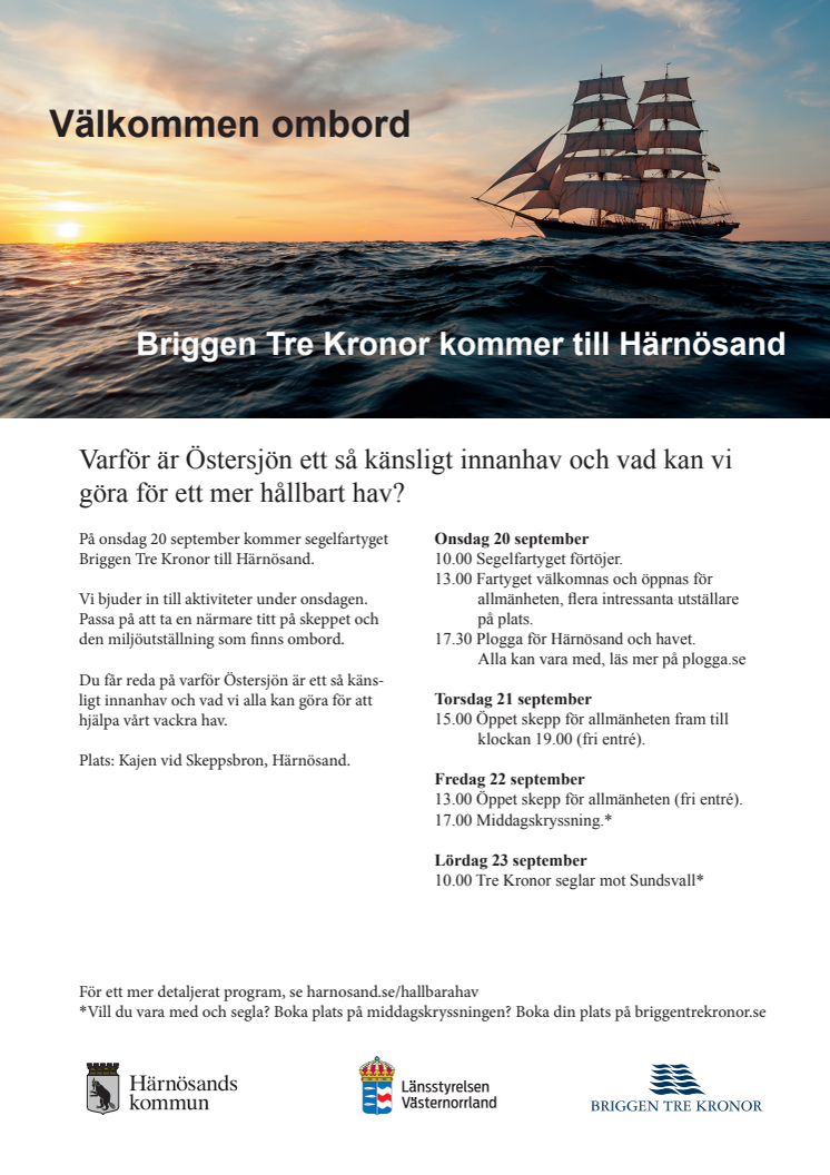 Östersjöfokus under hamnfestligheter då Briggen Tre Kronor gästar Härnösand 20-23 september 