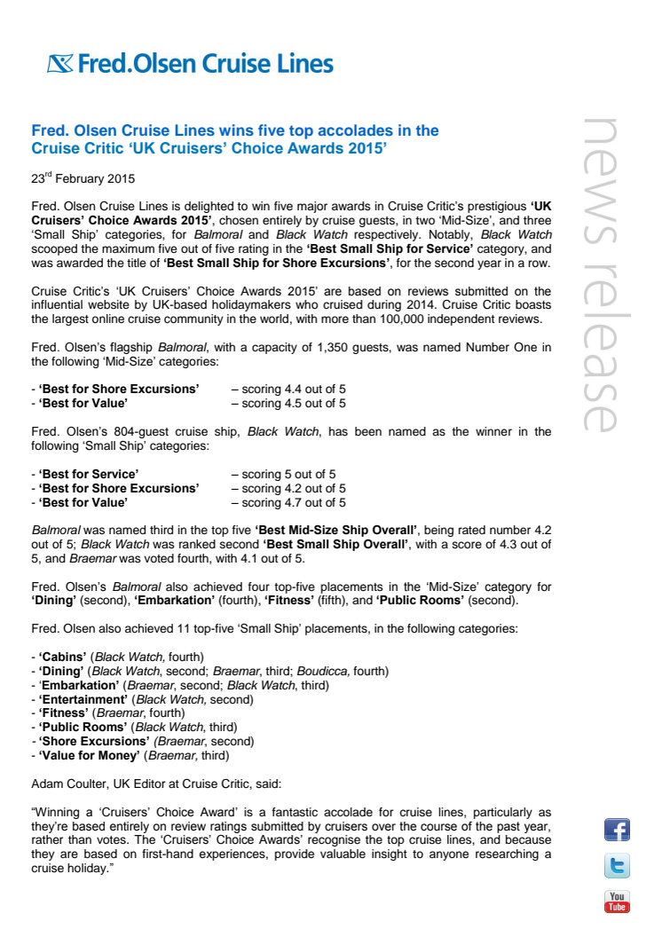 Fred. Olsen Cruise Lines wins five top accolades in the  Cruise Critic ‘UK Cruisers’ Choice Awards 2015’