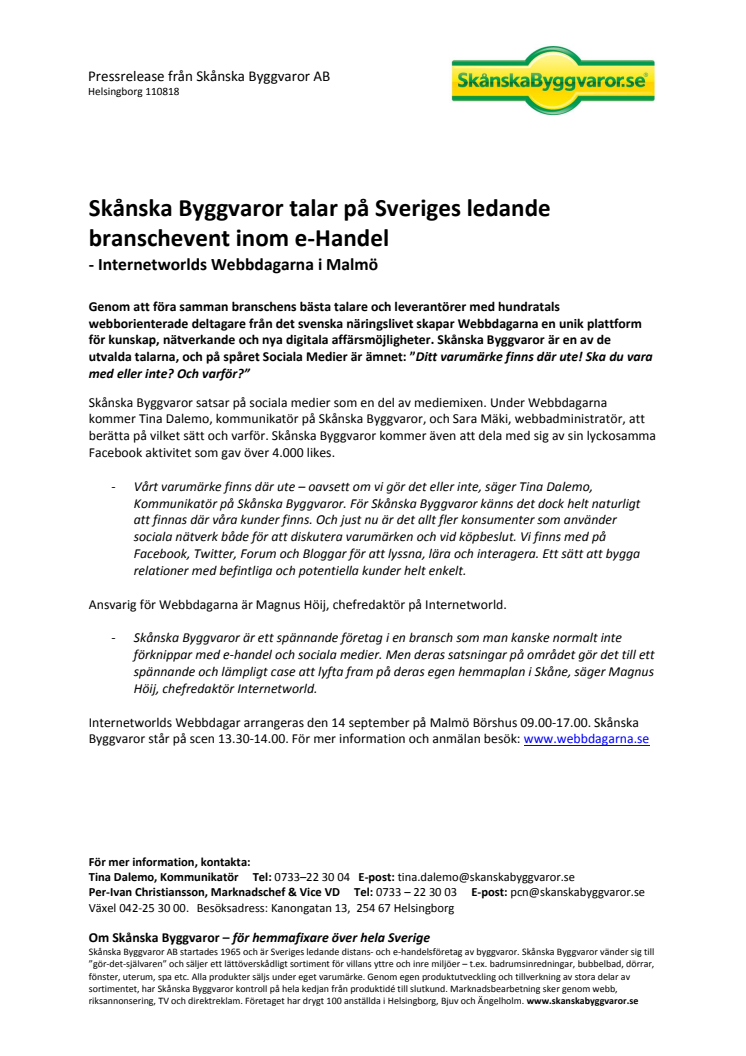 Skånska Byggvaror talar på Sveriges ledande branschevent inom e-Handel - Internetworlds Webbdagarna i Malmö