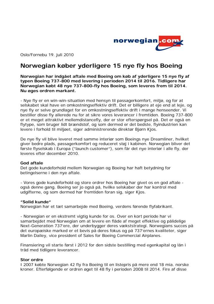 Norwegian køber yderligere 15 nye fly hos Boeing