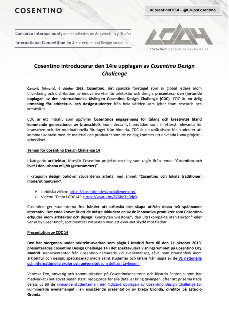  Cosentino introducerar den 14:e upplagan av Cosentino Design Challenge 