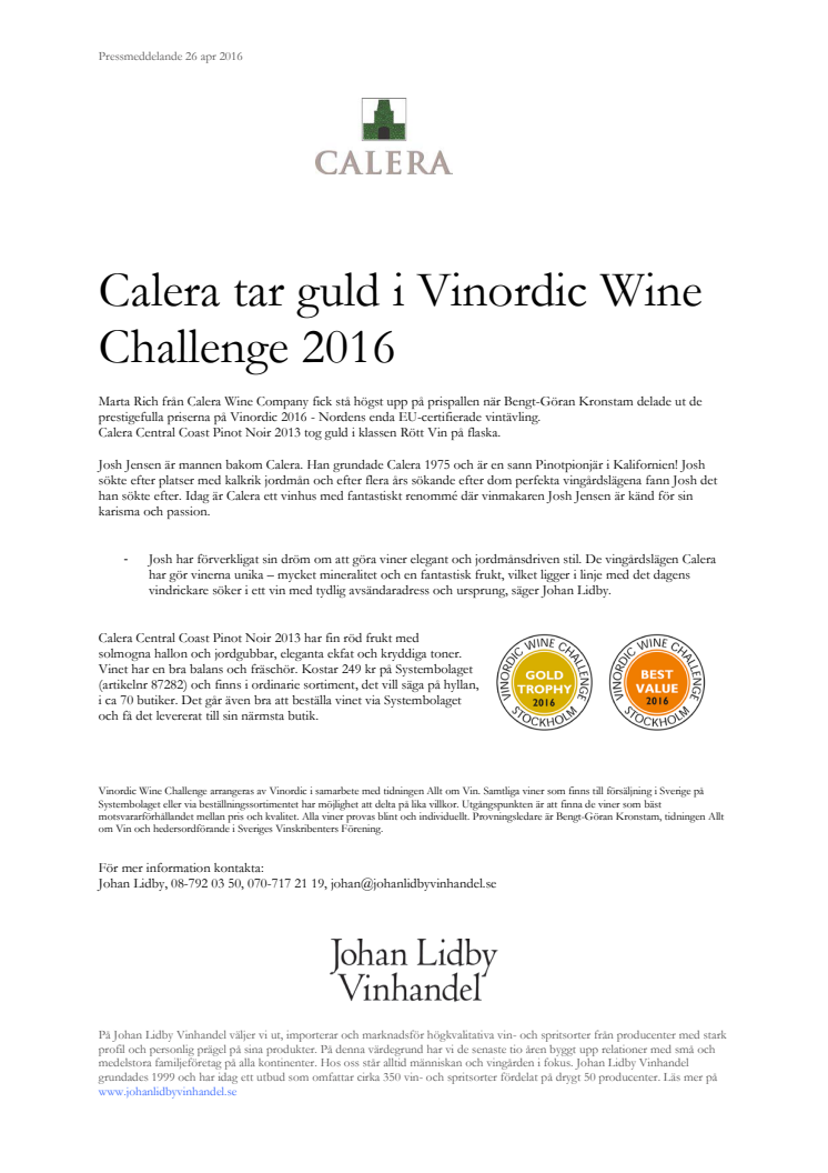 Calera tar guld i Vinordic Wine Challenge 2016